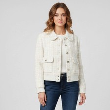Chanel White Tweed Long Sleeve Collar Jacket M