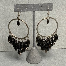 Large Hoop Chandelier Earrings 3.5 In Dangle Pierced Black Beads Silver Vintage