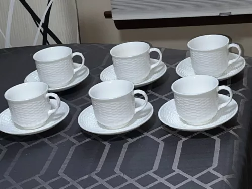 Vintage Wedgwood Nantucket White Basket Weave Coffee Tea Cups & Saucers Set Of 6