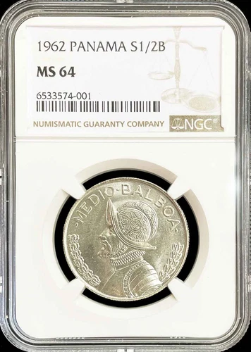 1962 SILVER PANAMA 1/2 BALBOA VASCO NUNEZ COIN NGC MINT STATE 64