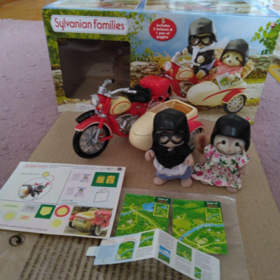 Sylvanian Families Motorcycle & Sidecar Raccoon Dolls toy with Box