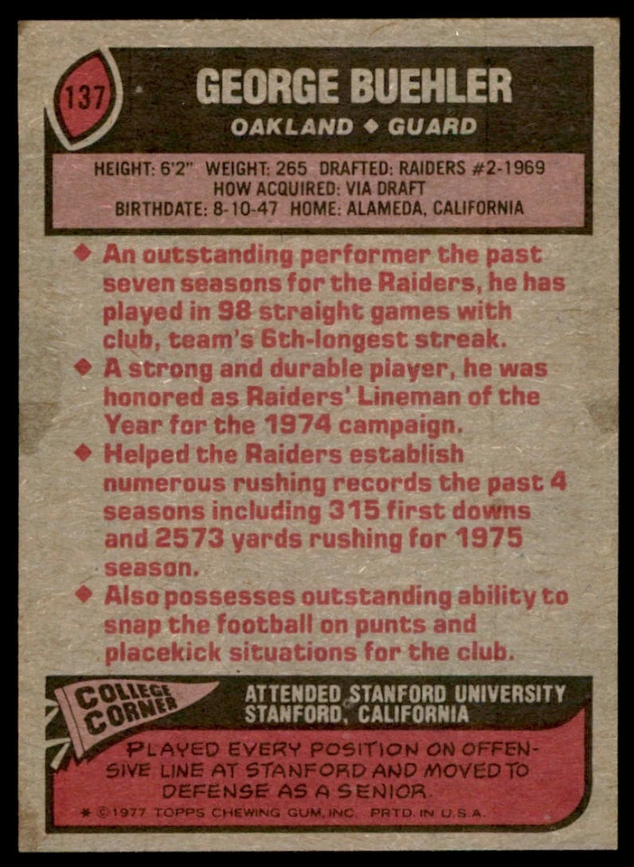 1977 Topps George Buehler Football Card Oakland Raiders #137 - Image 2 of 2