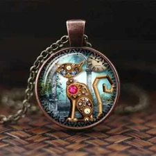 Steampunk Copper Cat Glass Cabochon Pendant Necklace Women Men Unique Fashion