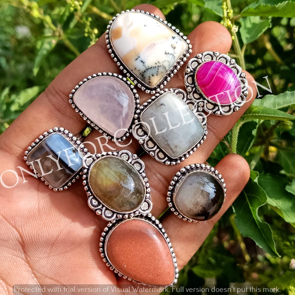 Dendrite Opal & Mix Gemstone 925 Sterling Silver Plated Wholesale Lot Rings - Image 3 of 3