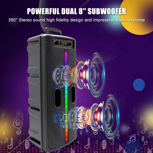 6000W Dual 8" Woofer Portable Bluetooth Party Speaker Heavy Bass Sound Mic FM - Picture 8 of 11