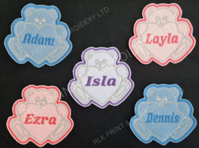 Personalised Embroidered Teddy Bear Name Patch Badge iron on sew on baby kids