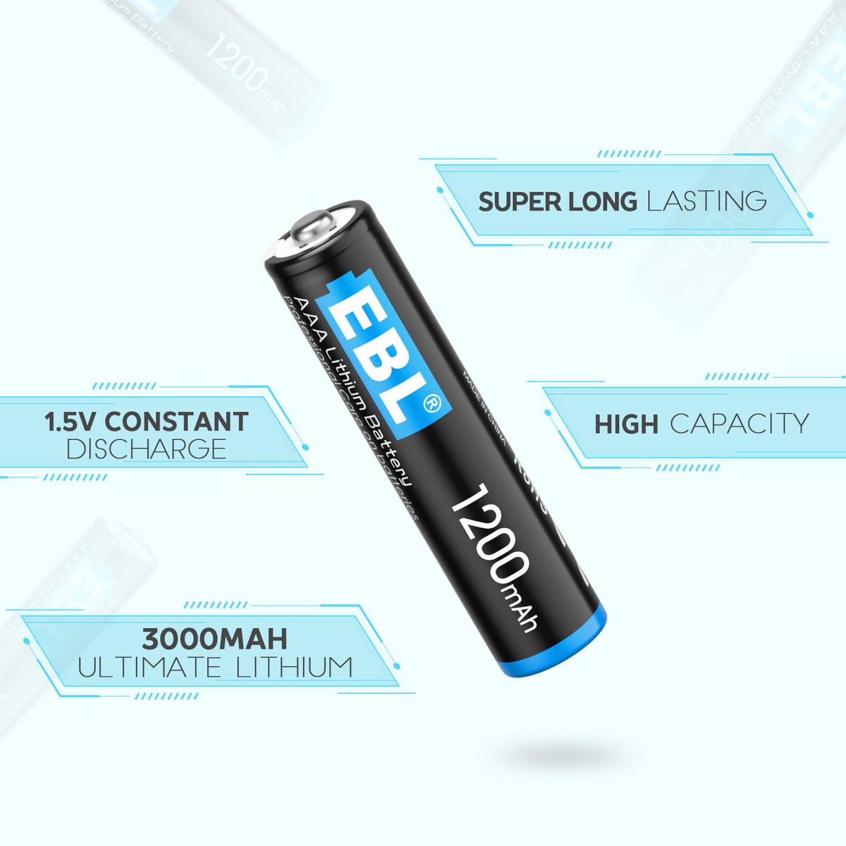 EBL 20-Pack 3000mAh 1.5V AA Lithium Batteries – Constant Volt + Free Storage Case