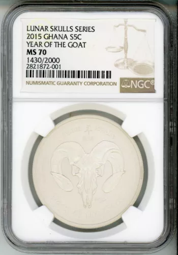 2015 GHANA SILVER 5 CEDIS YEAR OF THE GOAT NGC MS70  1430/2000   POPULATION: 11