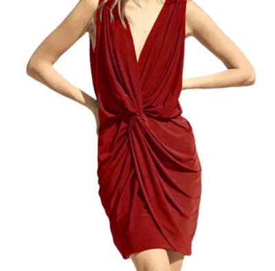 NWT Misa Los Angeles Leza Jersey Red Sleeveless Dress V-Neck Twisted Waist Mini