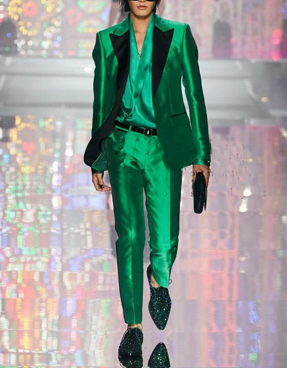 Seda Satén Hombres Trajes Boda Esmoquin 2 Piezas Calce Ajustado Formal Pico Solapa Fiesta Foto 2 de 4