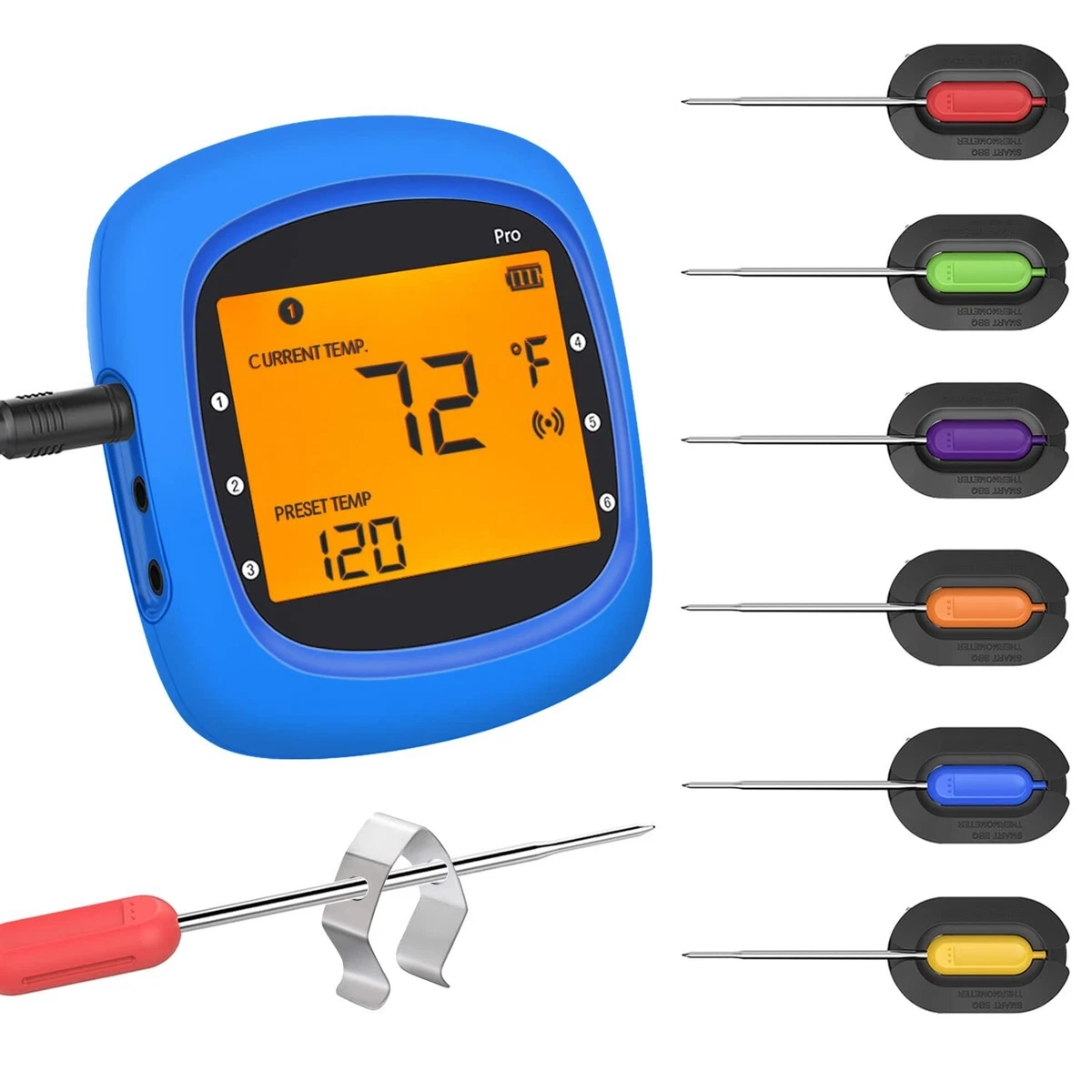 Wireless Bluetooth Meat Thermometer with 6 Temperature Probes for Grilling  Blue