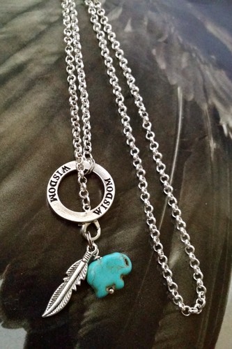 Collar colgante de plata Good Karma Open Wisdom azul turquesa elefante Lariat - Imagen 2 de 7