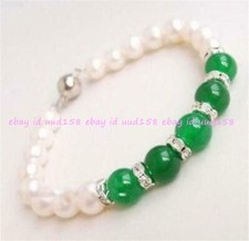 7-8mm White Pearl 8mm Green Jade Round Gems Beads Bracelet 7.5'' Silver Clasp