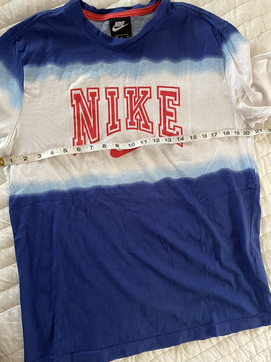 Men's Nike Short Sleeve Shirt Blue And White. Red Logo