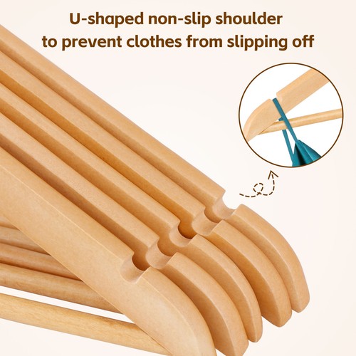 50 Pack Wooden Coat Hangers Natural Suit Clothes Hangers with Non Slip Pant Bar - Picture 8 of 17