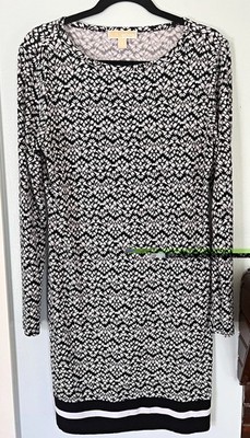 Michael Michael Kors Black & White Geometric Shift Knee Dress Long Sleeve M