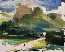 Modern Castle Oil Painting Original Signed Surrealist Landscape 16x20 Canvas