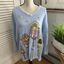 Vintage Quacker Factory Sweater Womens 3X Blue Beehive Embroidered 3D Knit Retro