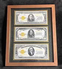 Large Denomination U.S. Currency Display - Framed & Matted - $500-$1000-$5000