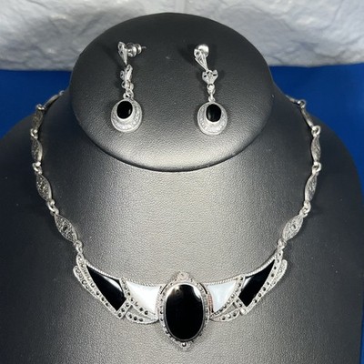 Vintage Art Deco geflügelter MOP Jet und Hämatit Sterlingsilber Halskette Ohrring Set