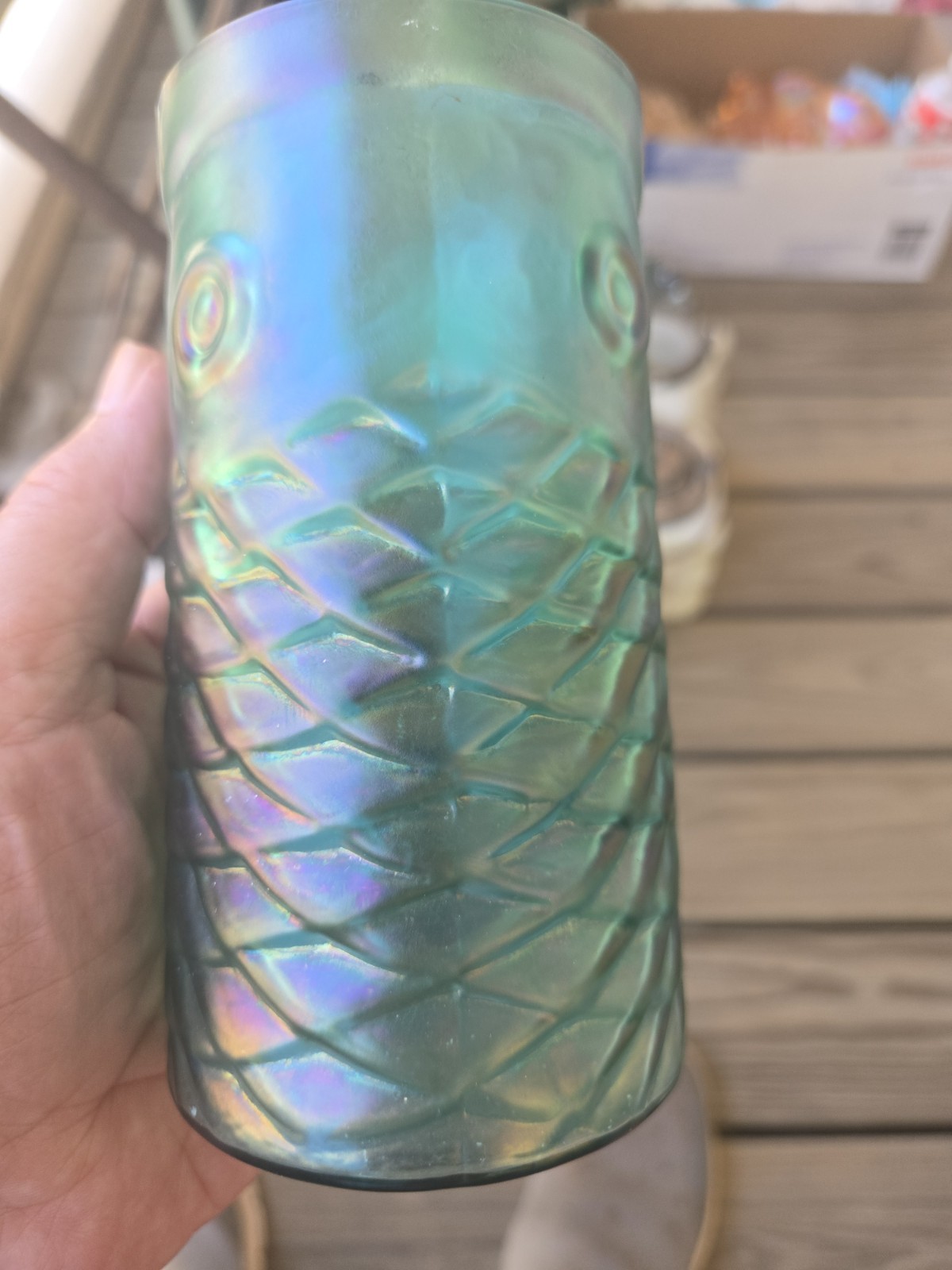 JOHN COOK 2001 SIGNED IRID. SEA GREEN KOI FISH 6.25 " TUMBLER VASE