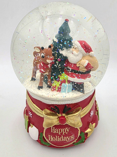 Santa Rudolph Musical Snow Globe Happy Holidays Christmas Tree Glitter VTG