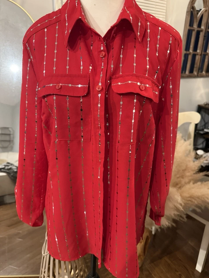 Women’s Red With Sparkle Long Sleeve Button Down Blouse Perfect 4 Holiday - Image 2 of 4