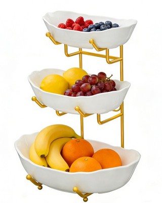 SANYOUNG 3 Tier Ceramic Fruit Bowl for Kitchen Counter  Tiered Fruit Basket w...