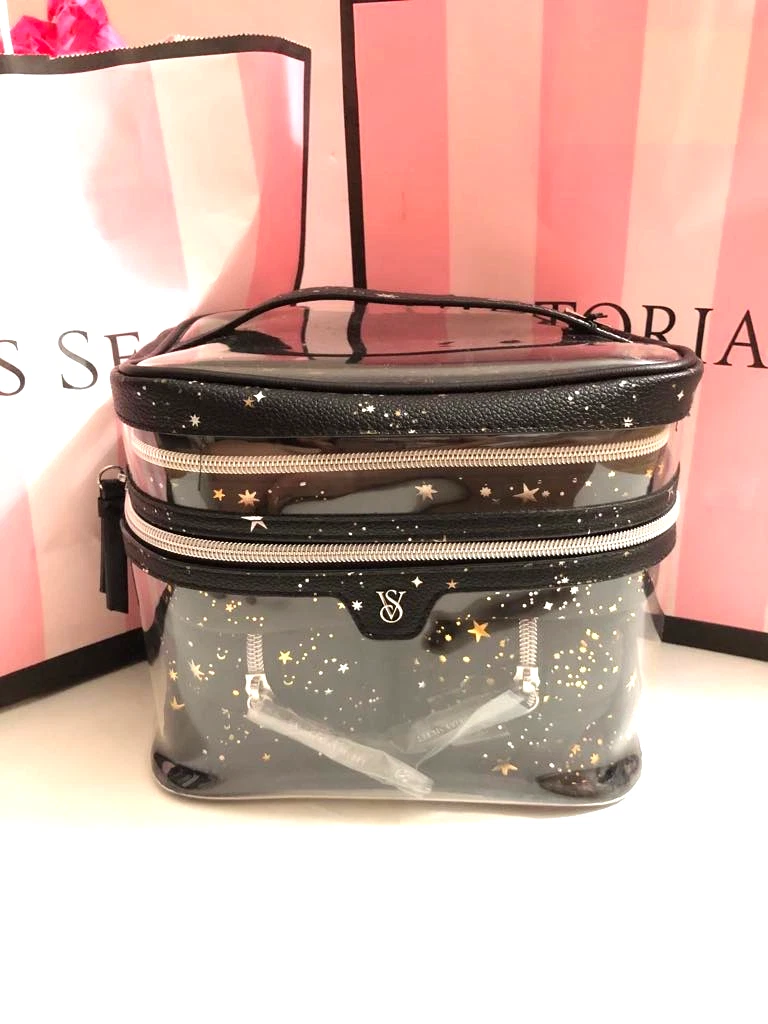 Victoria's Secret 4 Set Cosmetic Travel Cases Star Black Pleather & Clear NWT