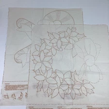 Christmas Fabric Panel Candlewick Stamped Pattern New Wreath Candy Canes