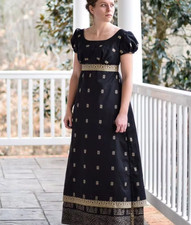 British Jane Austen Cosplay Dress Black Printed High Waistline Regency Day Dress