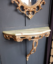Vintage French Louis Style Marble Effect Green & Gold Gilt Brass Console Table