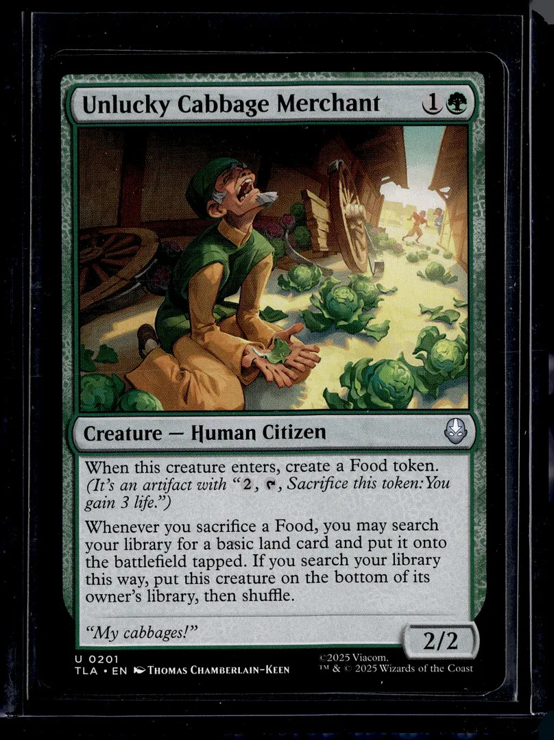 cabbage merchants mtg card Commander Deck EDH Deck The Merchant 100 Magic Cards Custom Deck Avatar: The Last Airbender Green Food Deck Whenever a creature deals combat damage to you Cabbage Merchant Card for Magic: