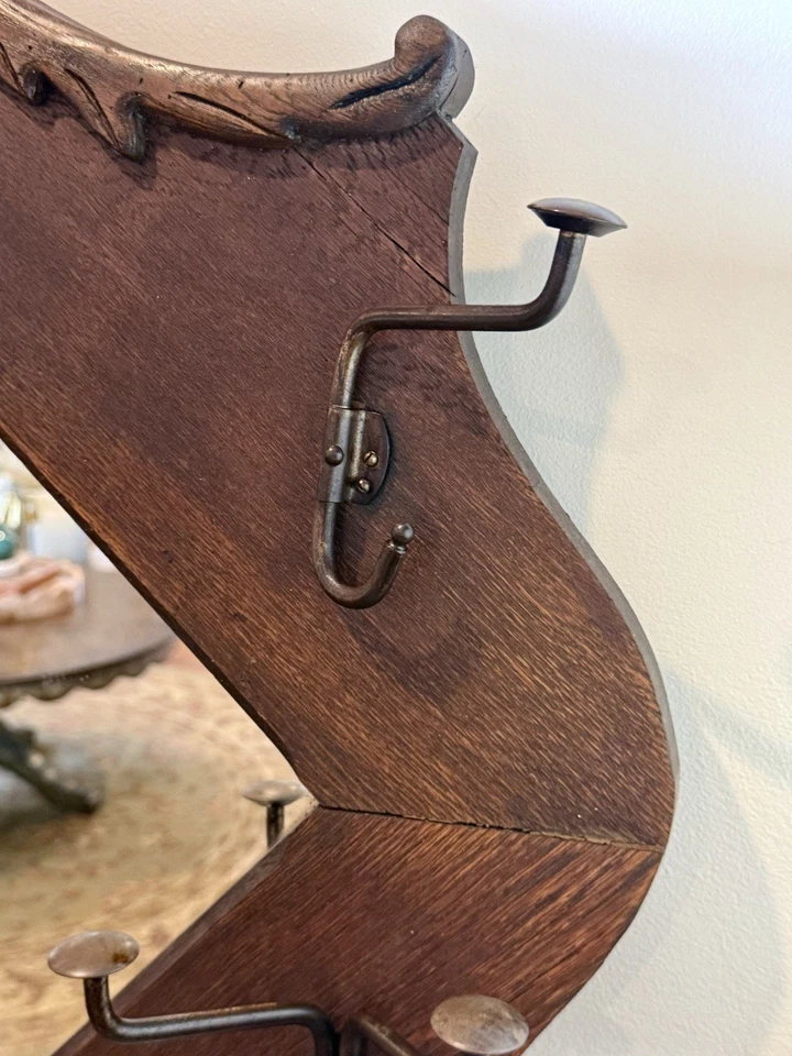 Antique Entry Hall Tree Mirror Quartersewn Oak Circa 1920 6 Cast Iron Hat Rack - Image 4 of 4