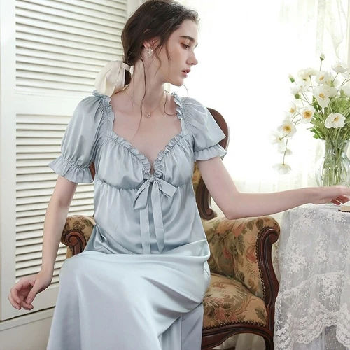 Damen Kunstseide Nachthemd Satin Nachthemd V-Ausschnitt Nachtwäsche Schleife Midikleid - Bild 12 von 23