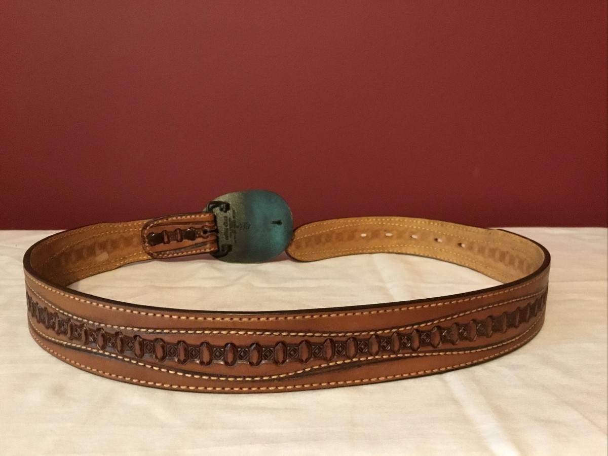 Vintage Mens Leather Belt 34” Solid Brass Buckle With Square  display picture 1