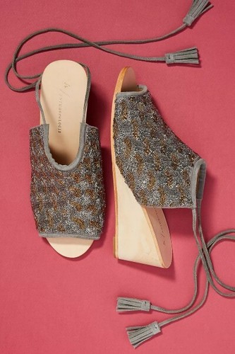 NUEVO EN CAJA Anthropologie Talla 9 Gris Cuentas Sandalias de Cuña Zapatos Tacones Borla al Tobillo Corbatas - Imagen 2 de 8