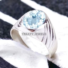 Aquamarine Oval Cut Gemstone With 925 Sterling Silver Ring For Men's #A166