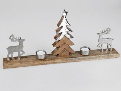 Kerzenhalter Hirsch mit 2 Teelichthalter und Baum Mango Holz mit Aluminium Eleme