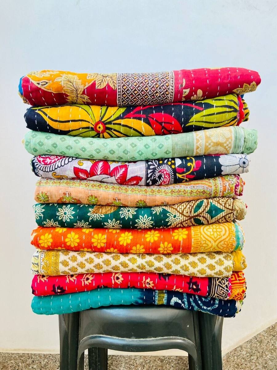 Gele Kantha Patchwork Decor Oude Vintage Queen/King Size Borduurwerk