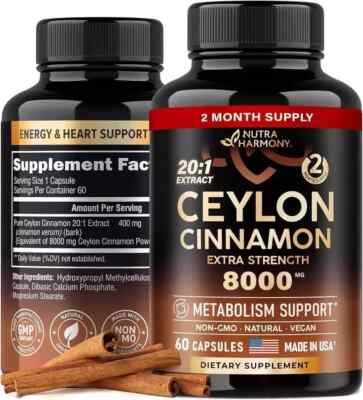 Pure Cinnamon Capsules, Certified Organic Ceylon Cinnamon Pills, Non-GMO, Gluten