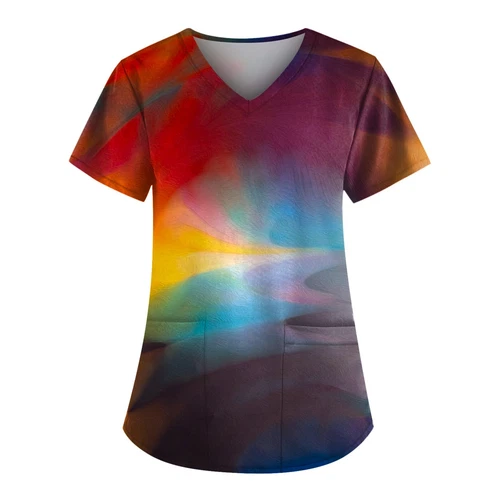 Women Printed Scrub Working Uniform V-Neck Short Sleeve Workwear Tee With Pocket - Picture 26 of 39