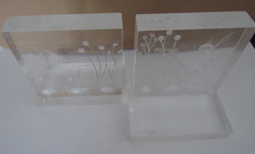 MCM Etched Angelfish Design Acrylic Lucite Block Bookends - Picture 4 of 8