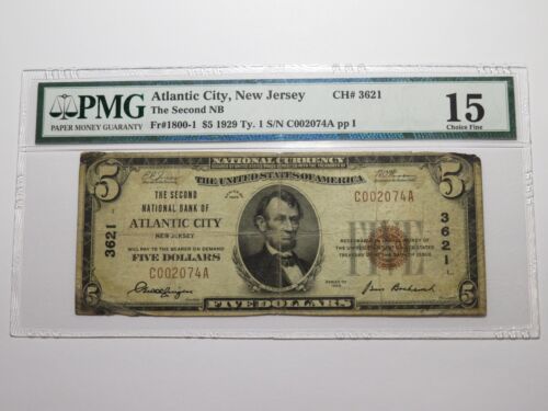 $5 1929 Atlantic City New Jersey NJ National Currency Bank Note Bill #3621 RARE - Picture 1 of 4