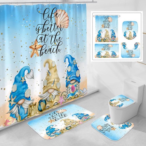 4 Pcs Summer Gnomes Shower Curtain Set with Non-Slip Rugs, Toilet Lid Cover a...