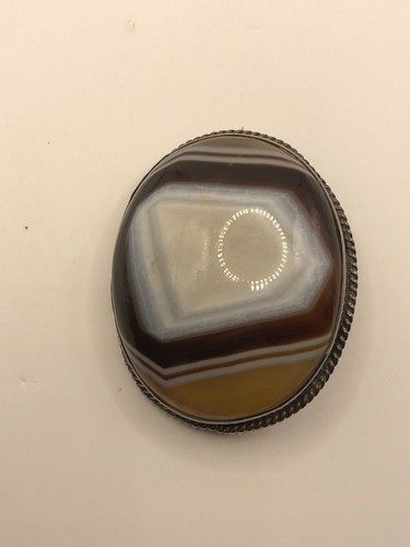 Large Silver & Agate Brooch - Detailed Stone Yellow Brown White Tones- 4.5cm 29g - Picture 19 of 23