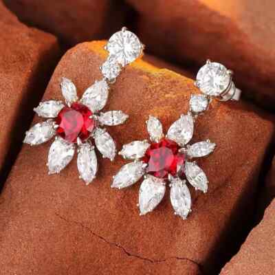 2.00Ct Round Cut Drop-Dangle Earring 14K White Gold Plated Simulated Red Garnet