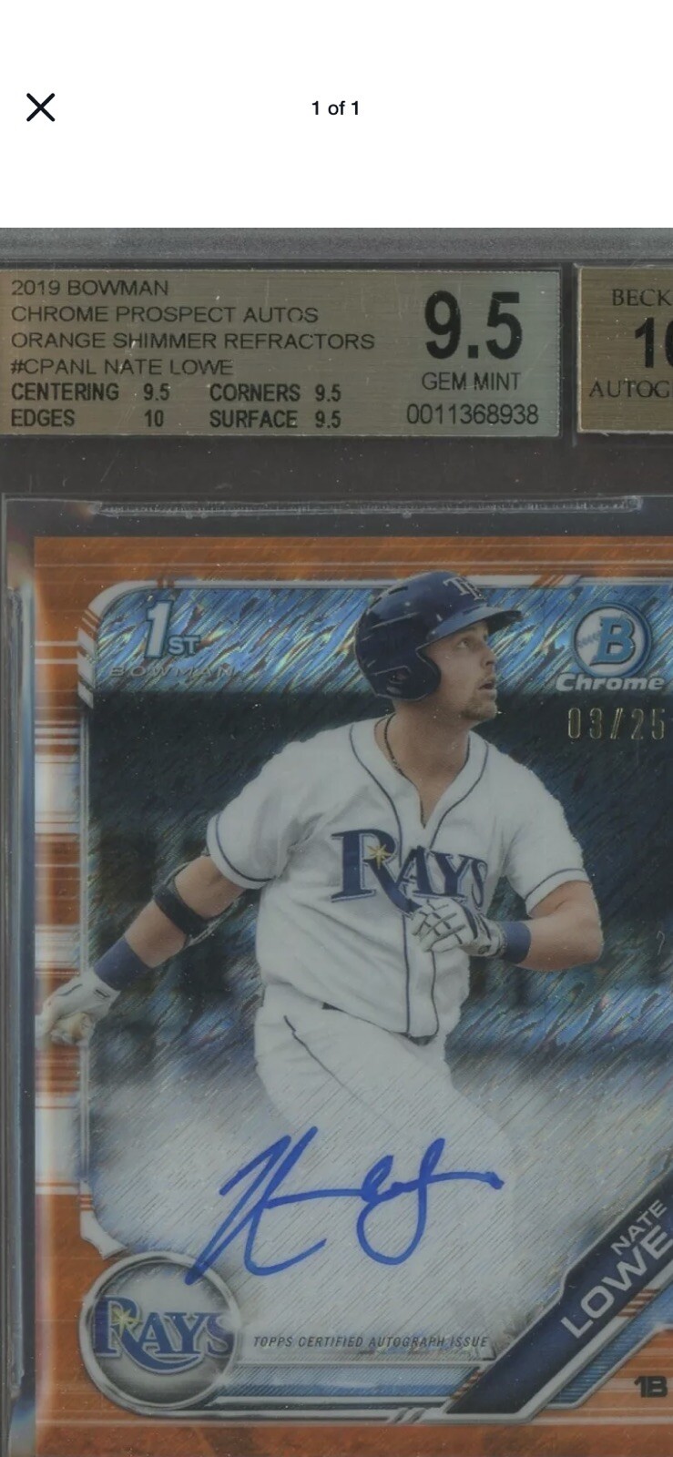 2019 Bowman Chrome Orange Shimmer Refractor Nate Lowe RC AUTO /25 BGS 9.5