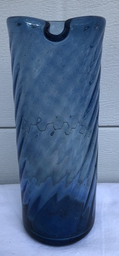 Vintage Hand Blown Glass Blue Swirl Pitcher 9.5” Tall Ice Tea Carafe - Picture 3 of 8