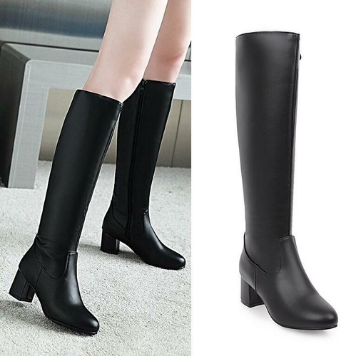 British Womens Zipper Synthetic Leather Block Heel Knee High Party Boots Shoes